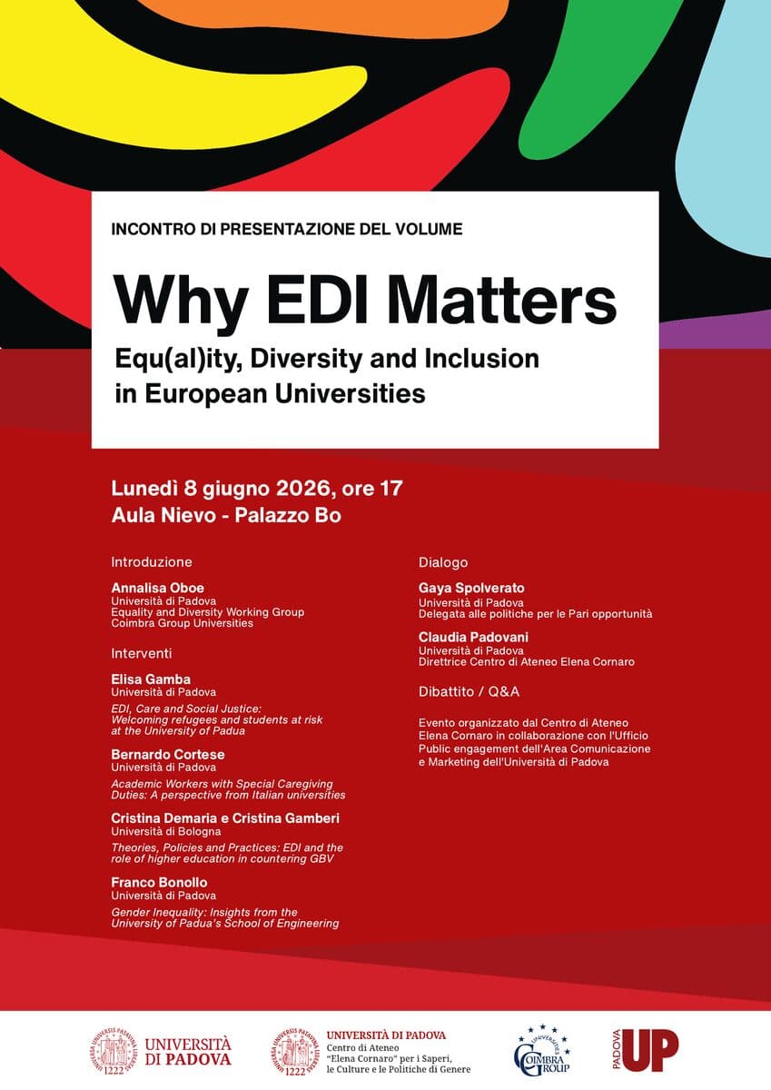 Poster of the WHY EDI MATTERS book launch at Palazzo Bo, Padua