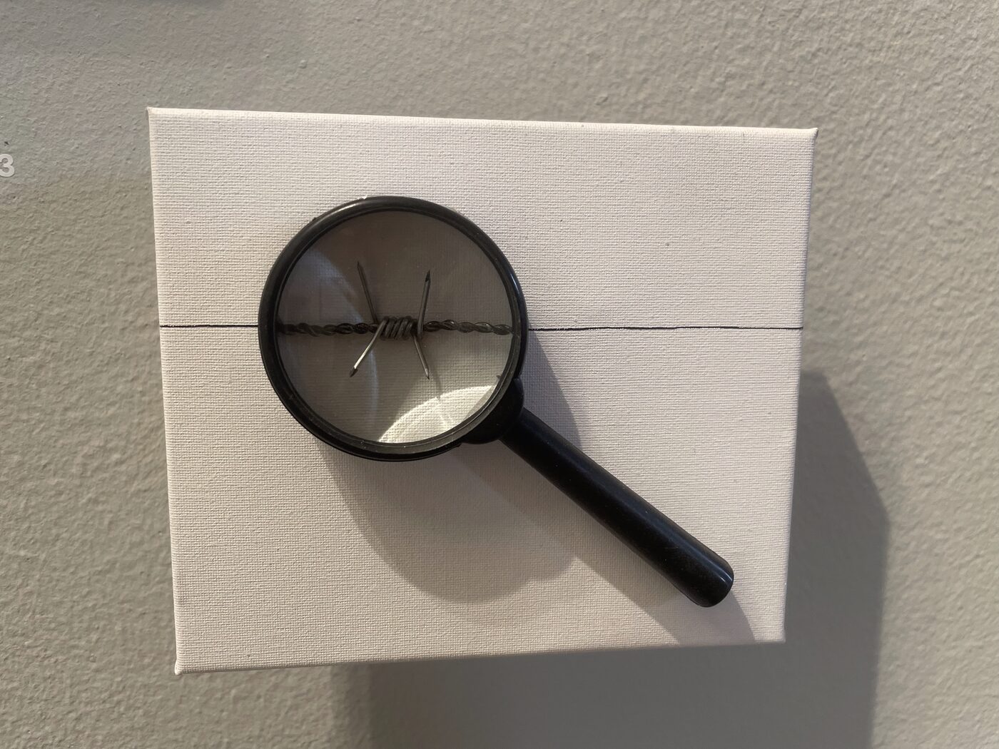 A small canvas crossed by a thin line, with a magnifying glass resting on it revealing that the line is barbed wire